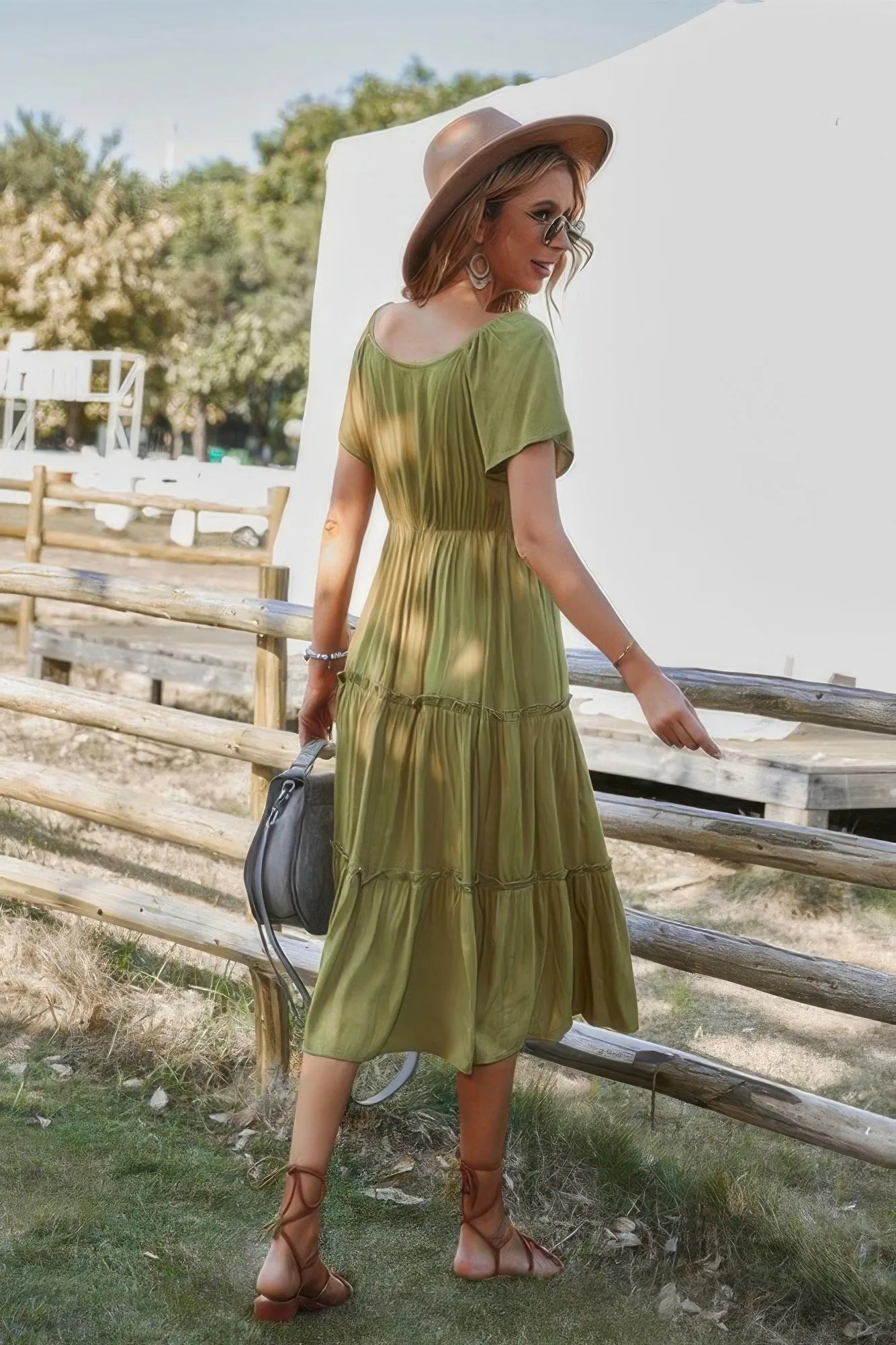 Button V Neck Tiered Short Sleeve Midi Dress sold by Gigi Laurent product image thumbnail 4