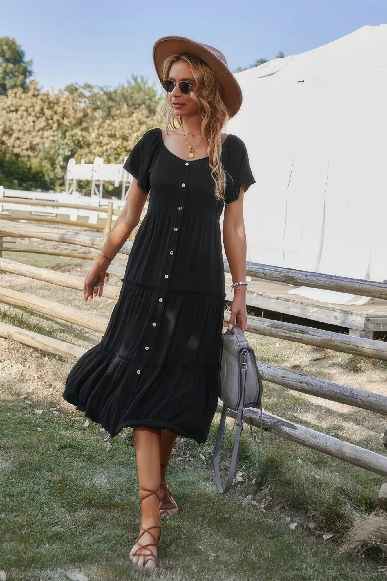 Button V Neck Tiered Short Sleeve Midi Dress sold by Gigi Laurent