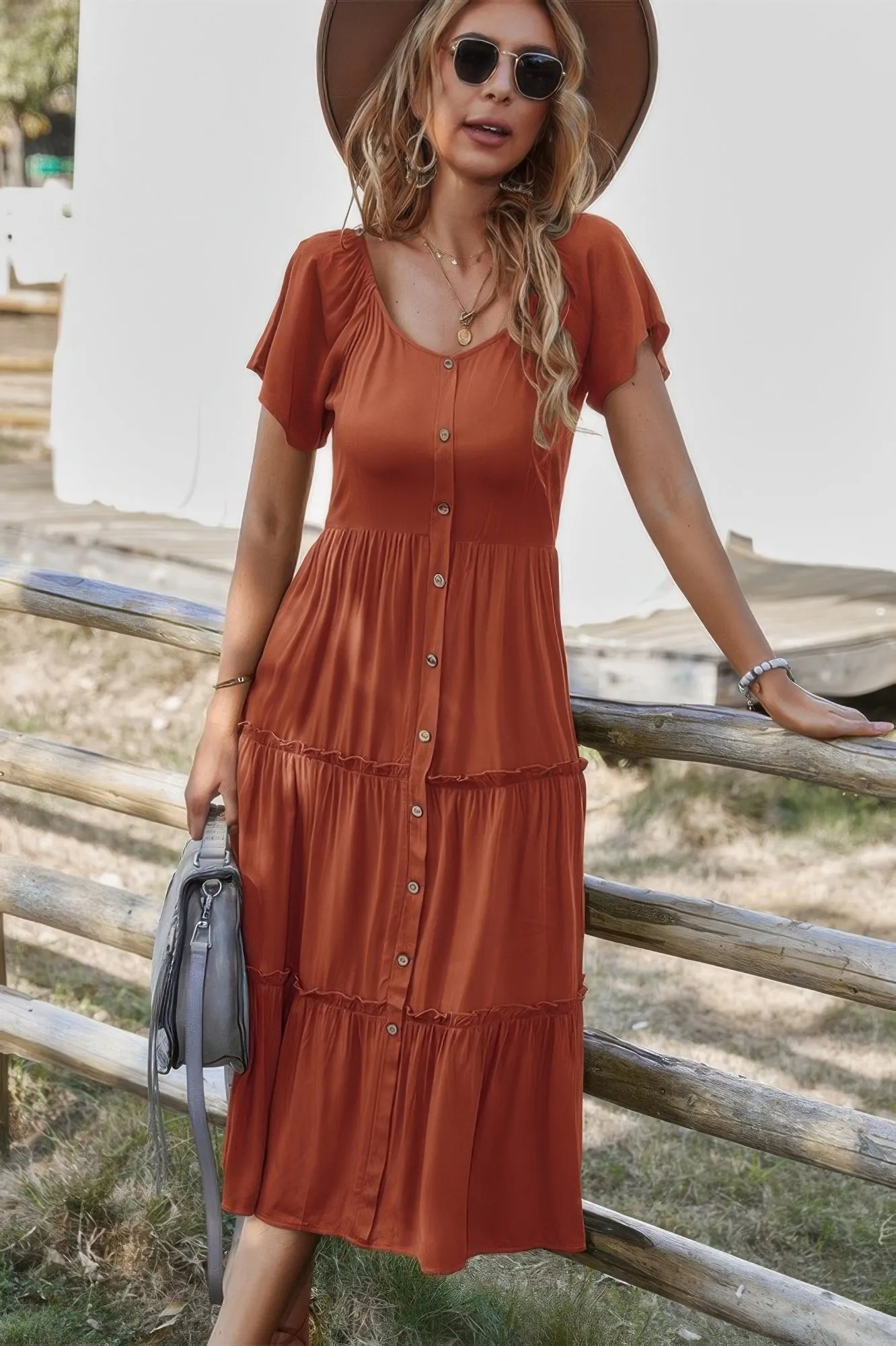 Button V Neck Tiered Short Sleeve Midi Dress sold by Gigi Laurent product image thumbnail 5