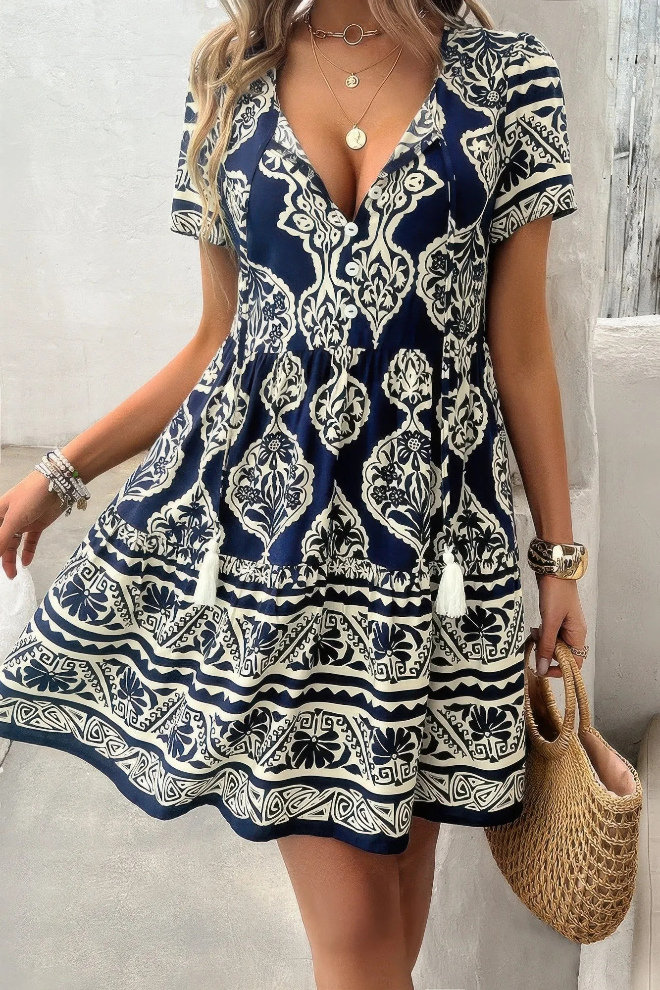 Deep V Neck Allover Print Ruffle Tassel Dress sold by Gigi Laurent product image thumbnail 5