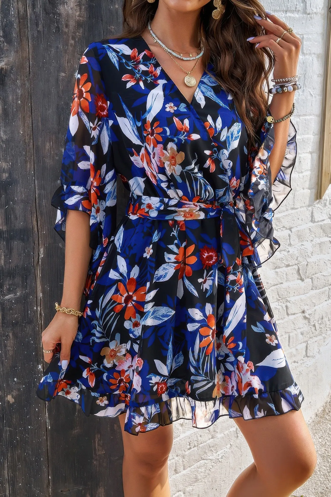Floral V Neck Waist Tie Ruffle Hem Wrap Dress sold by Gigi Laurent product image thumbnail 2