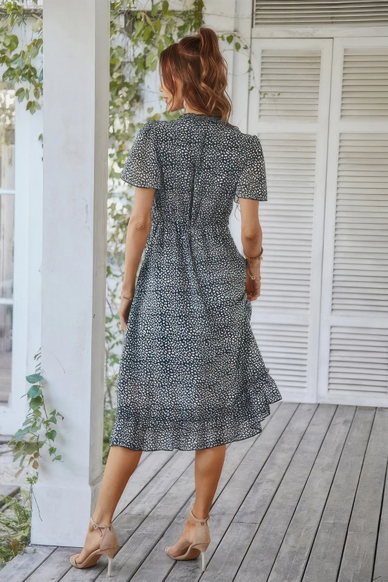 Deep V Neck Floral Boho Ruffle Short Sleeve Dress sold by Gigi Laurent product image thumbnail 5