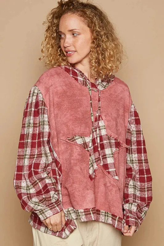 POL Star Patch Plaid Long Sleeve Hooded Top sold by Gigi Laurent