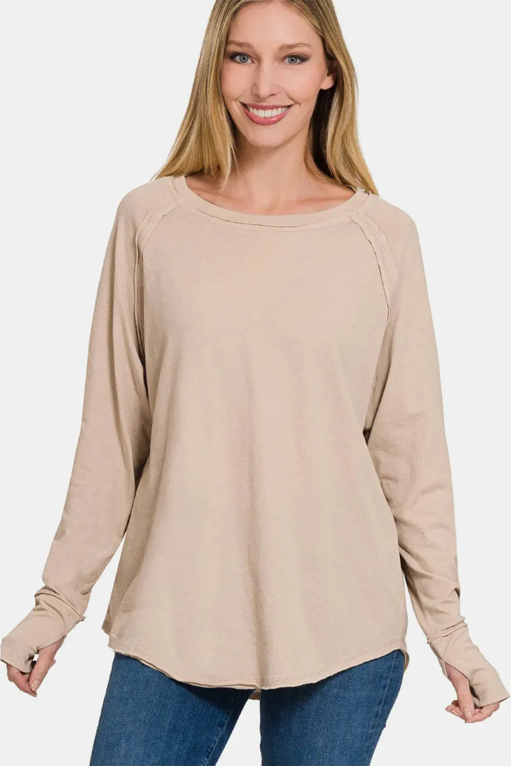 Zenana Round Neck Thumbhole Long Sleeve Top sold by Gigi Laurent