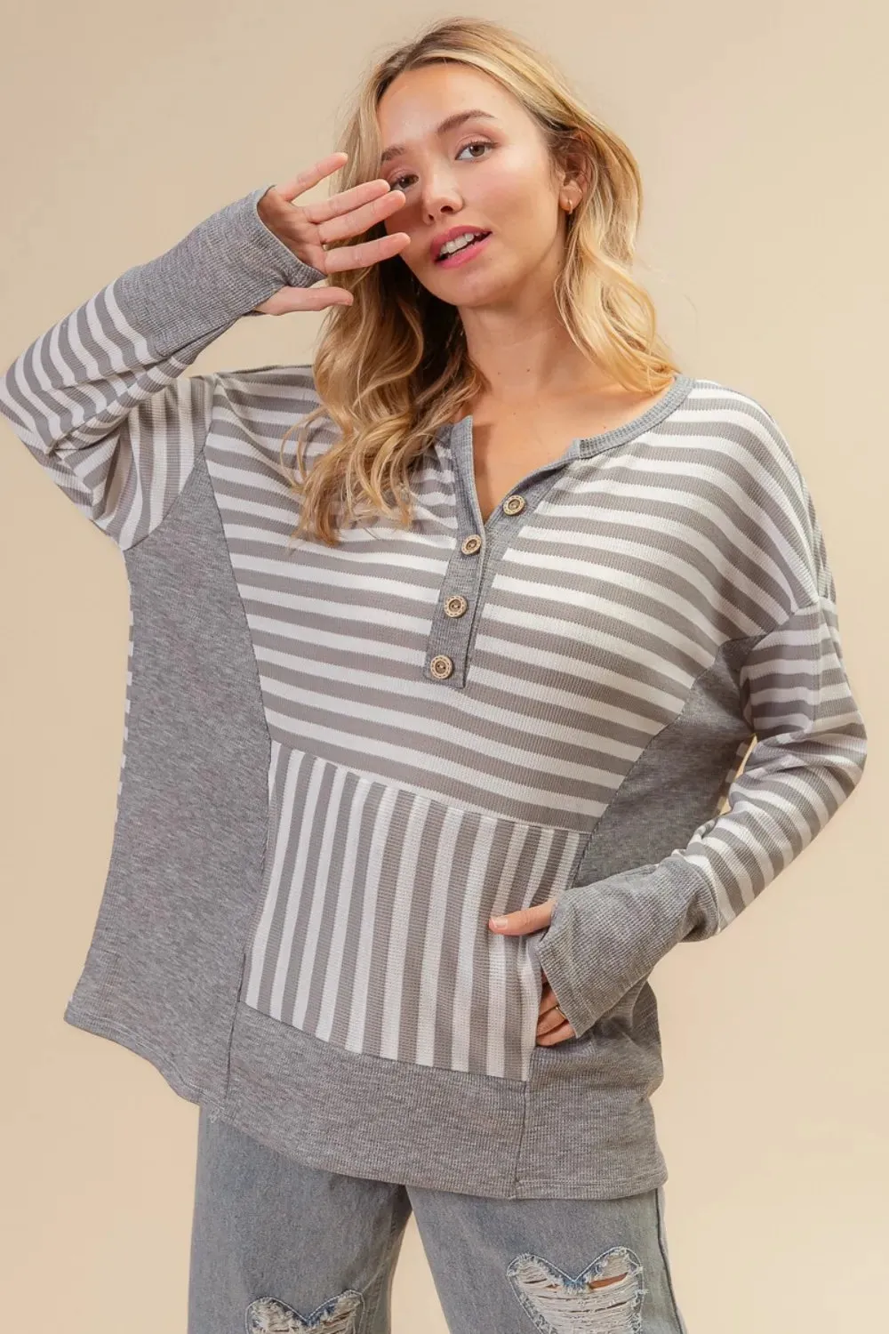 BiBi Striped Thumbhole Long Sleeve Top sold by Gigi Laurent