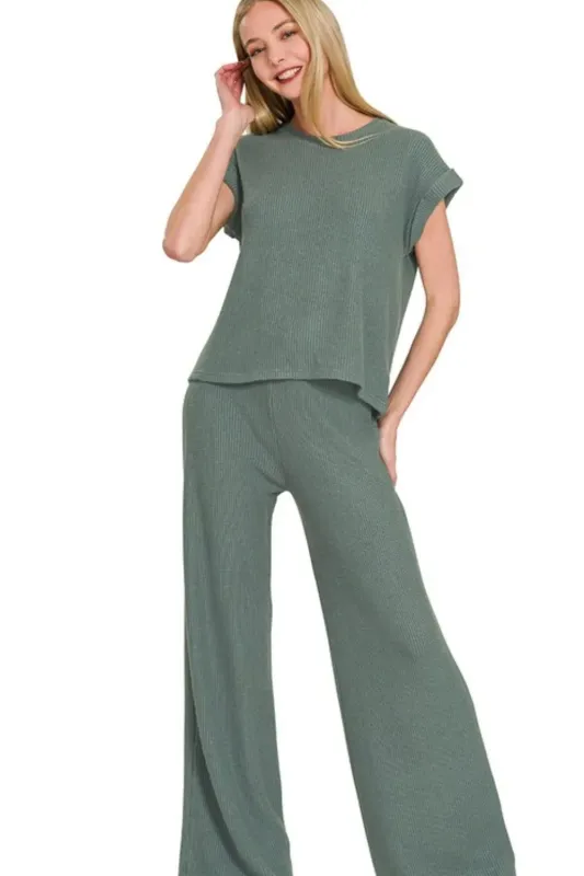 Zenana Rolled Sleeve Top and Pants Sweater Set sold by Gigi Laurent