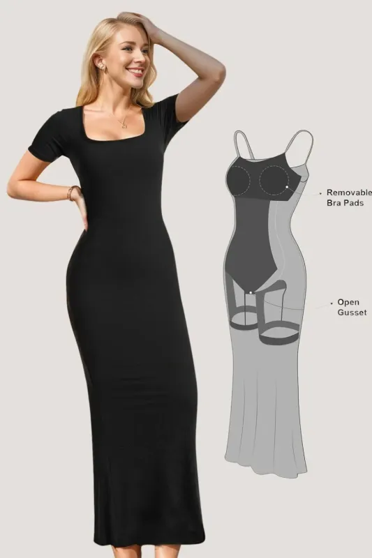 Basic Bae Built-In Shapewear Square Neck Short Sleeve Maxi Dress sold by Gigi Laurent