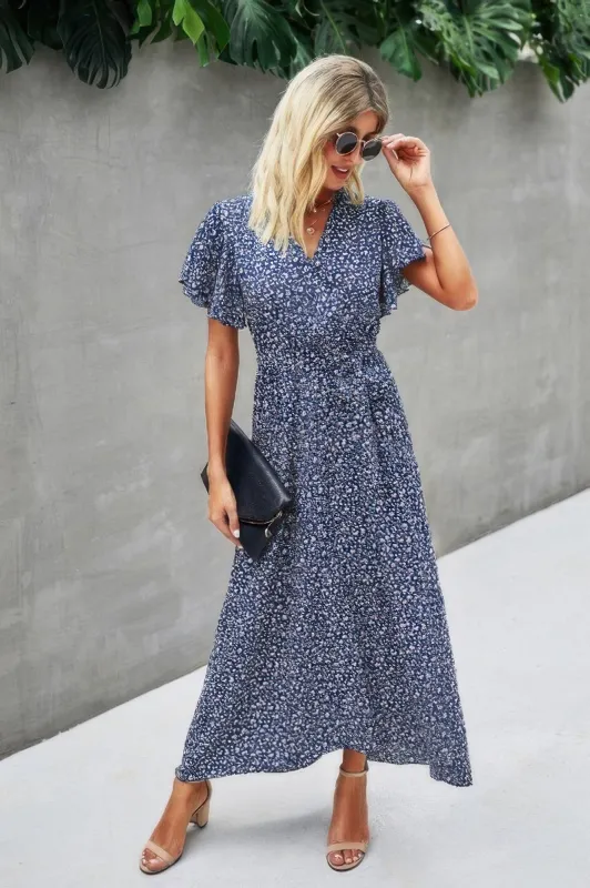 V Neck Blue Floral Short Sleeve Wrap Dress sold by Gigi Laurent