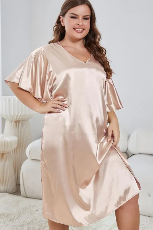 Plus Size Flutter Sleeve V-Neck Side Slit Night Gown sold by Gigi Laurent
