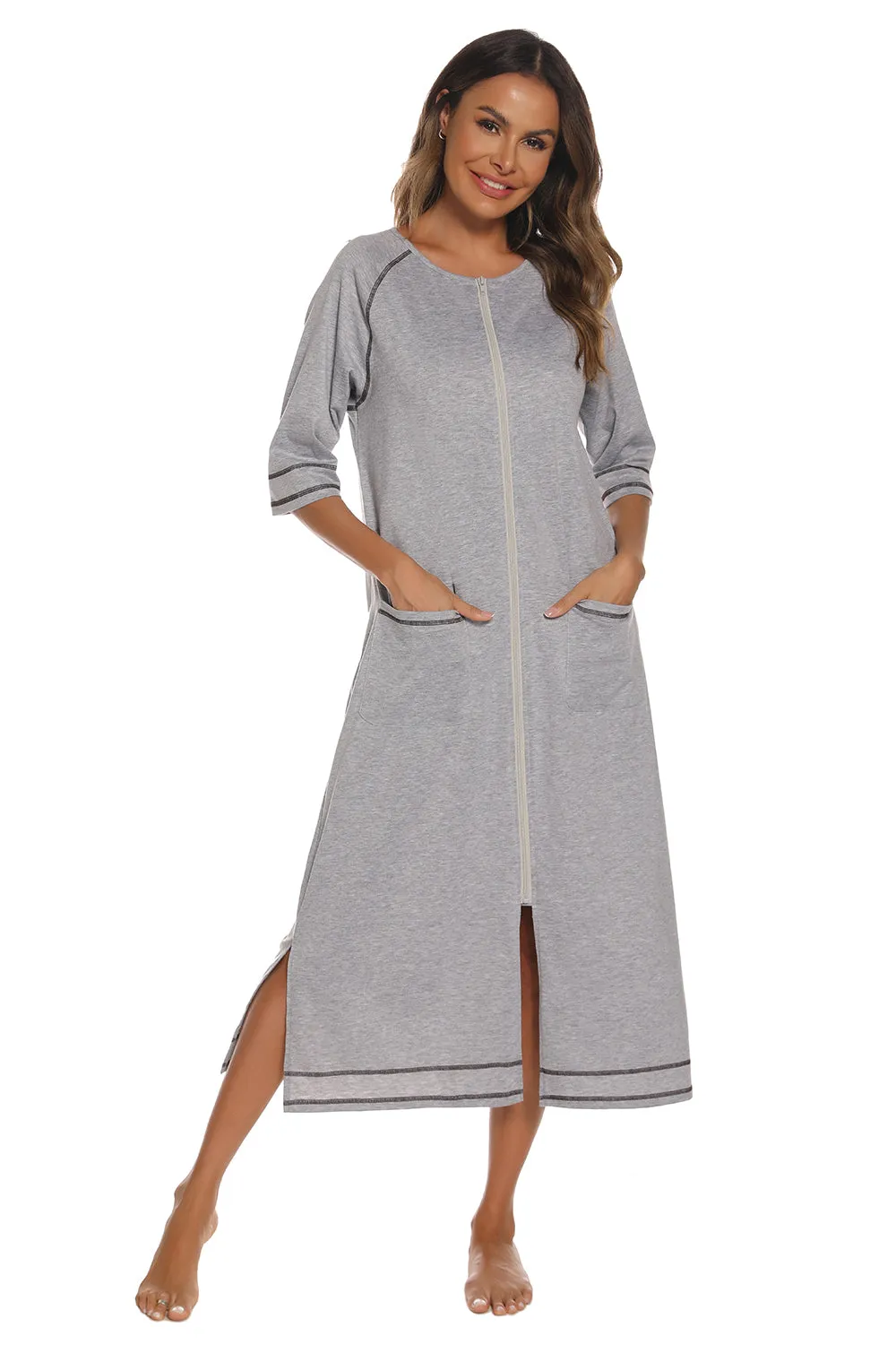 Zip Up Slit Round Neck Night Dress with Pockets sold by Gigi Laurent product image thumbnail 5