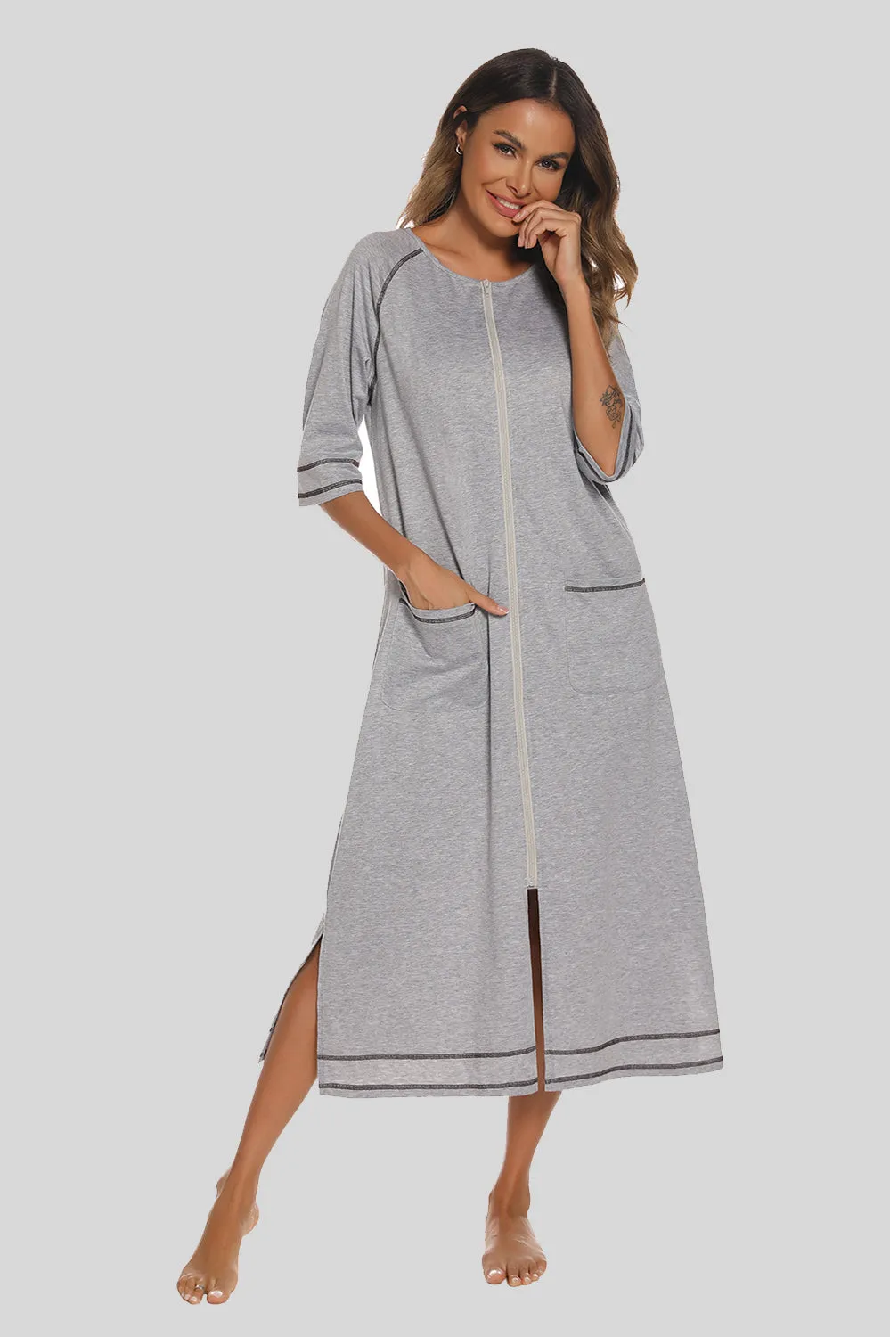 Zip Up Slit Round Neck Night Dress with Pockets sold by Gigi Laurent product image thumbnail 4