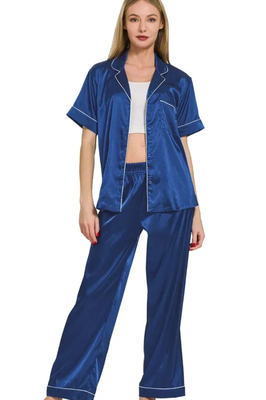 Zenana Satin Short Sleeve Top and Pants Pajama Set sold by Gigi Laurent