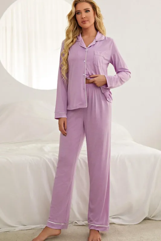 Contrast Piping Button Down Top and Pants Loungewear Set sold by Gigi Laurent