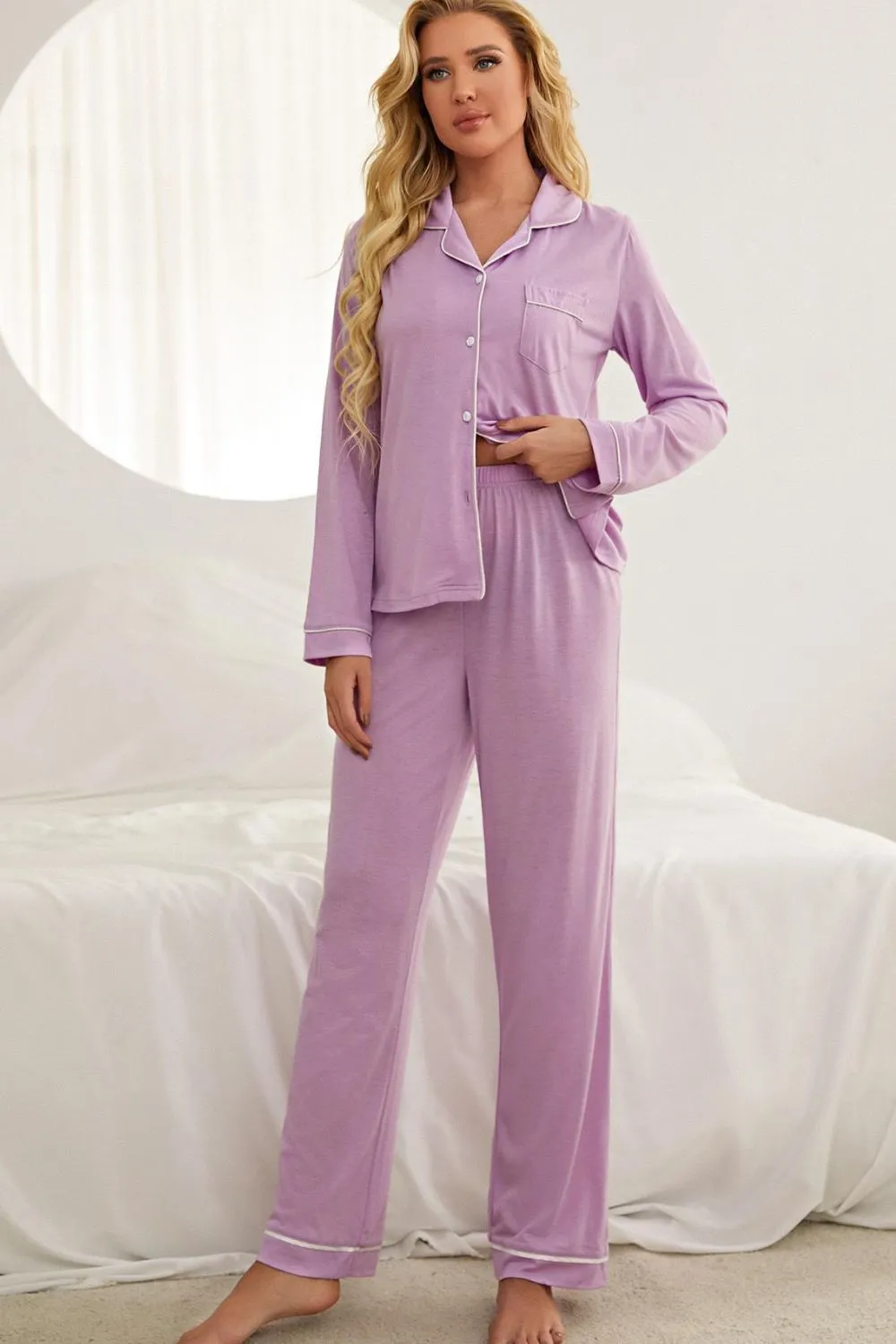 Contrast Piping Button Down Top and Pants Loungewear Set sold by Gigi Laurent