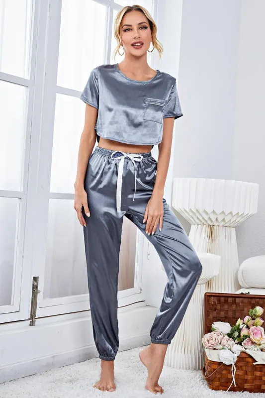 Satin Short Sleeve Crop Top and Joggers Lounge Set sold by Gigi Laurent