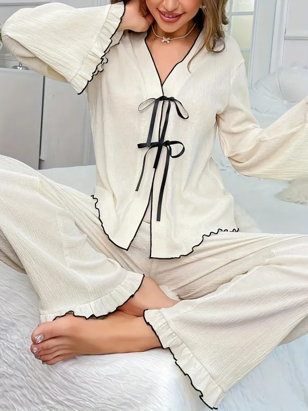 Contrast Trim Bow Tie Shirt and Pants Lounge Set sold by Gigi Laurent