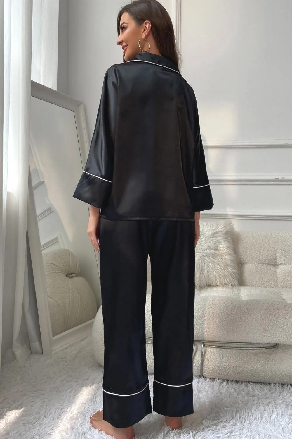 Contrast Piping Button-Up Top and Pants Pajama Set sold by Gigi Laurent product image thumbnail 2