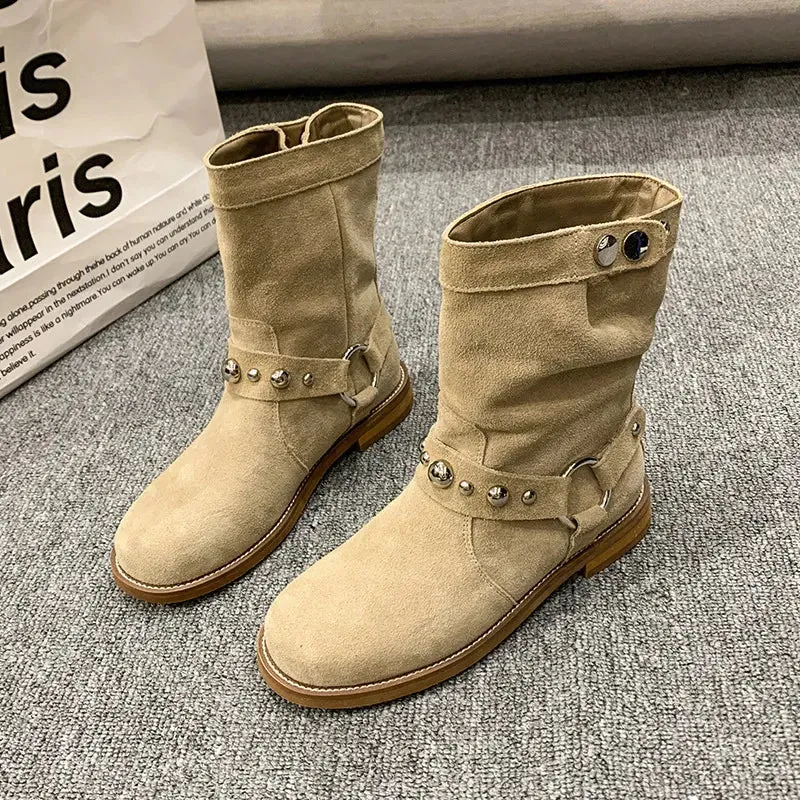 Studded Suede Mid-Calf Harness Boots made by Trendsi