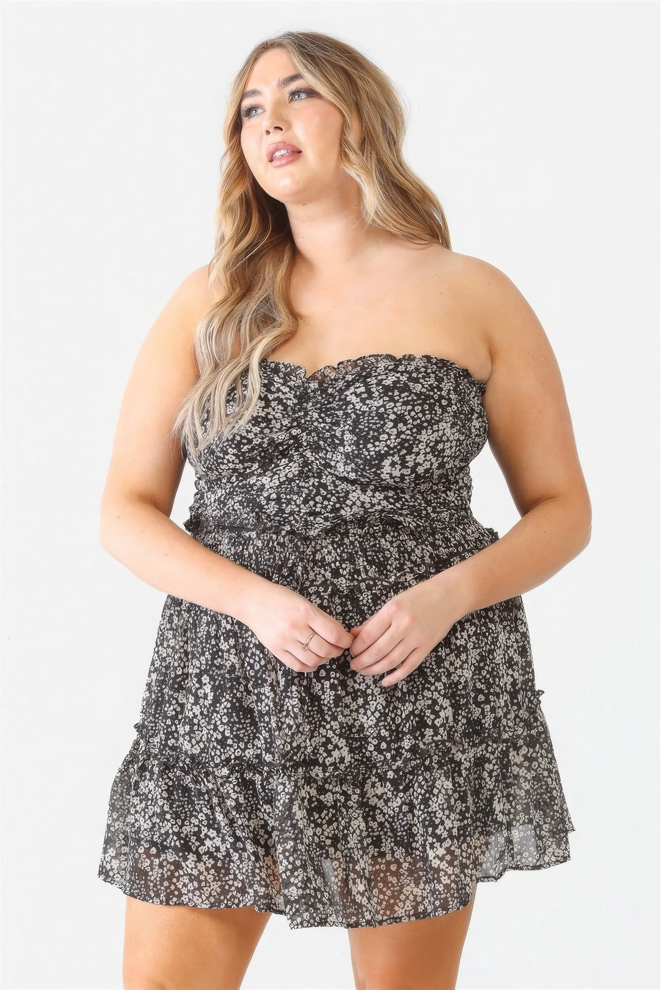 Plus Floral Print Ruched Ruffle Smocked Back Top & High Waist Flare Hem Mini Skirt Set sold by Gigi Laurent