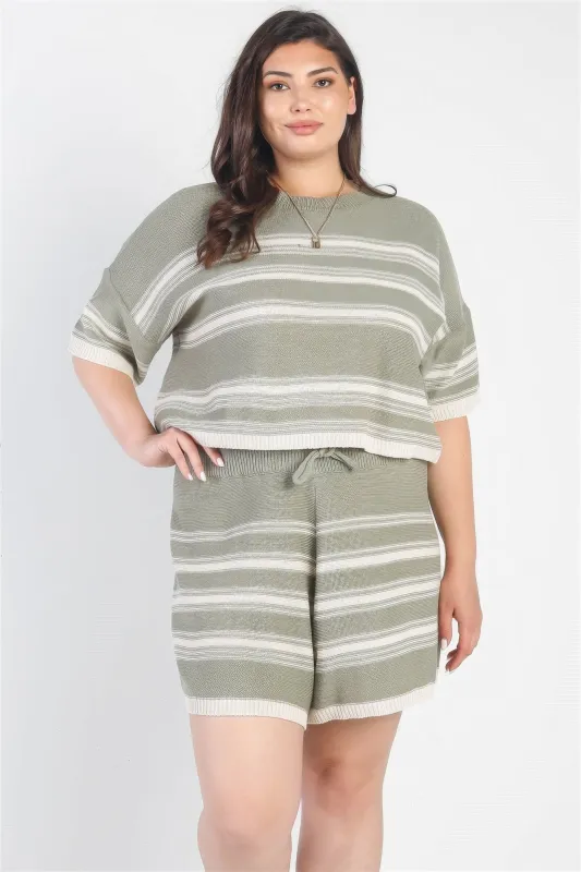 Plus Olive Striped Knit Short Sleeve Crop Top High Waist Shorts Set sold by Gigi Laurent