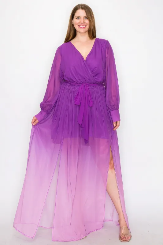 Ombre Chiffon Wrap Front Long Sleeve Tie Waist Slit Front Maxi Dress sold by Gigi Laurent