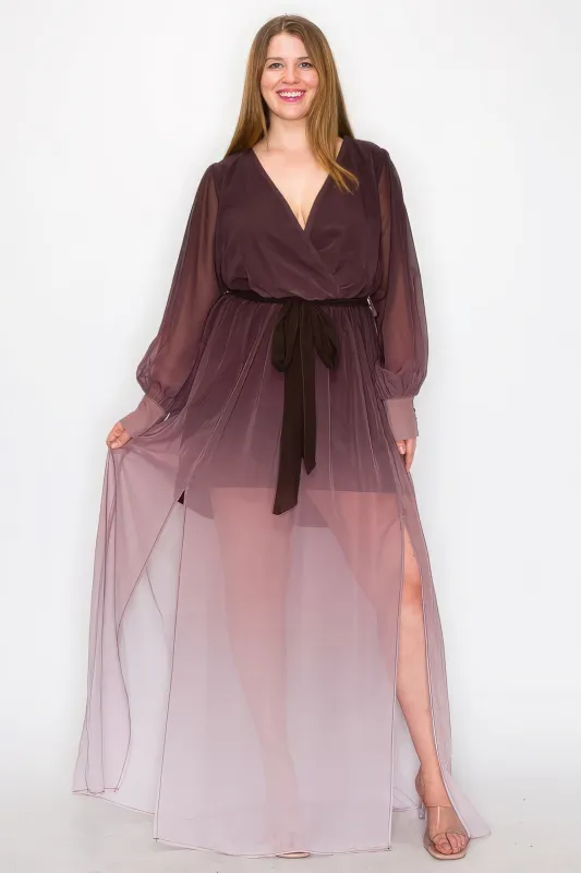 Ombre Chiffon Wrap Front Long Sleeve Tie Waist Slit Front Maxi Dress sold by Gigi Laurent
