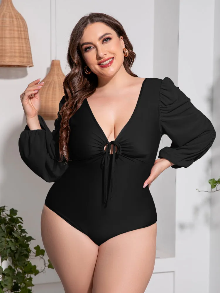 Plus Size Tied Deep V Balloon Sleeve One-Piece Swimsuit sold by Gigi Laurent product image thumbnail 3