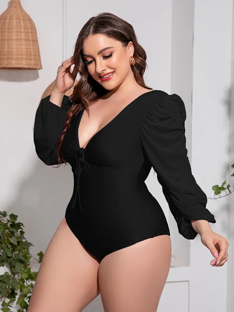 Plus Size Tied Deep V Balloon Sleeve One-Piece Swimsuit sold by Gigi Laurent product image thumbnail 4