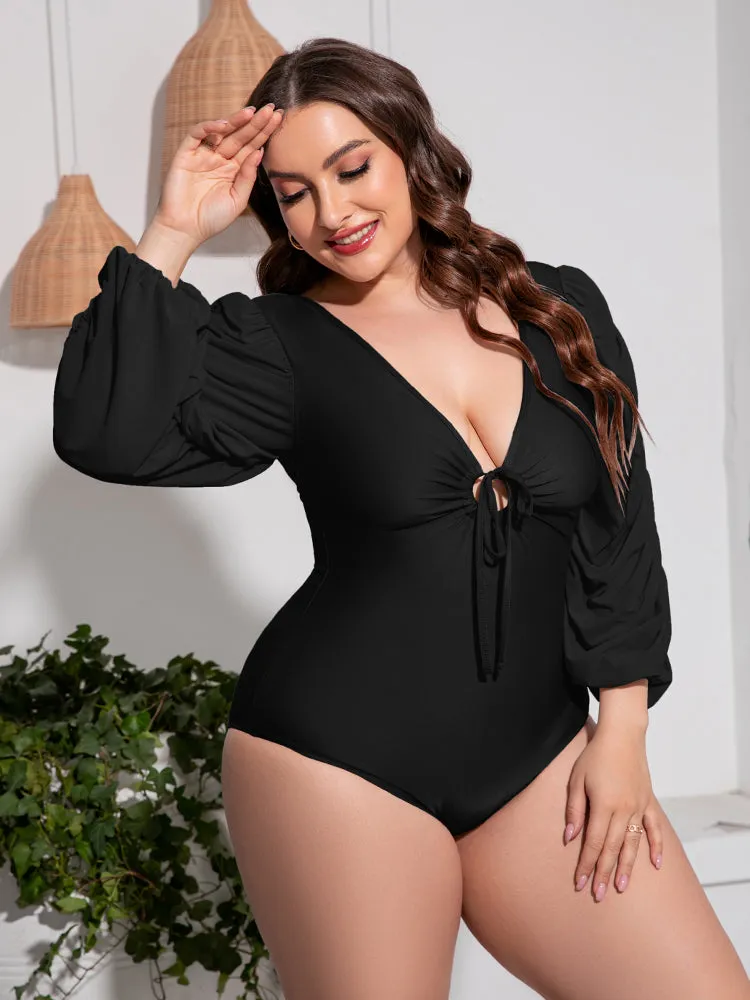 Plus Size Tied Deep V Balloon Sleeve One-Piece Swimsuit sold by Gigi Laurent product image thumbnail 5