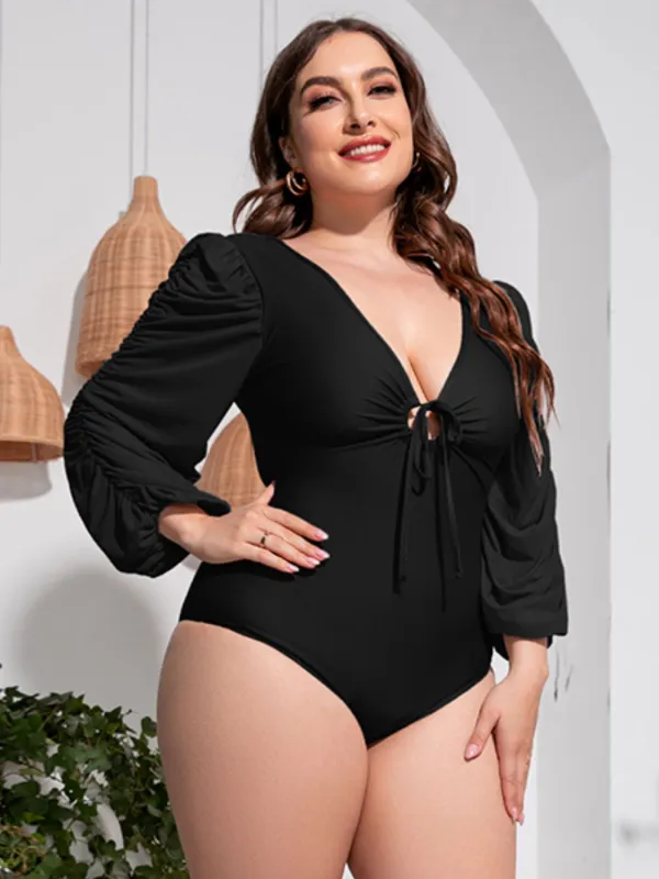 Plus Size Tied Deep V Balloon Sleeve One-Piece Swimsuit sold by Gigi Laurent