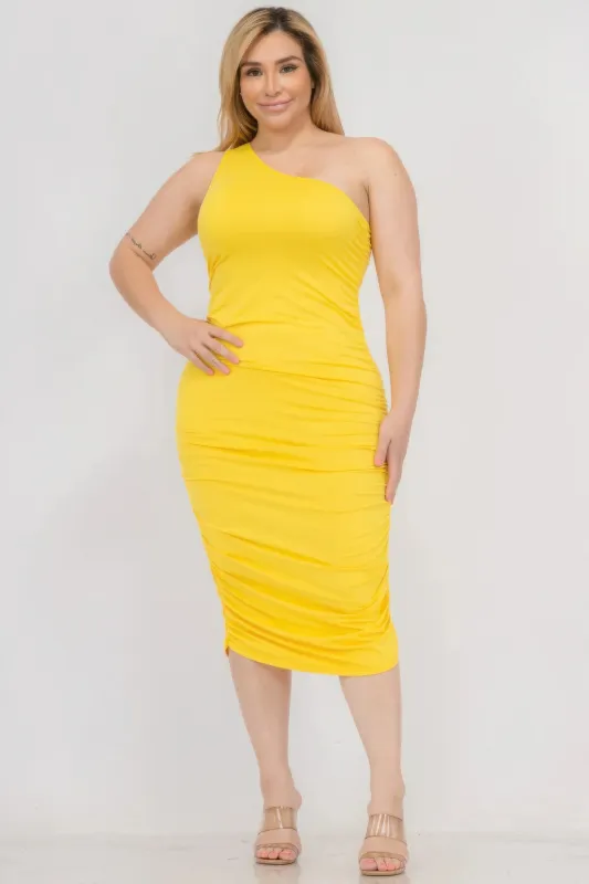 Plus Size Sexy Solid Color Ruched One Shoulder Midi Bodycon Dress made by Gigi Laurent