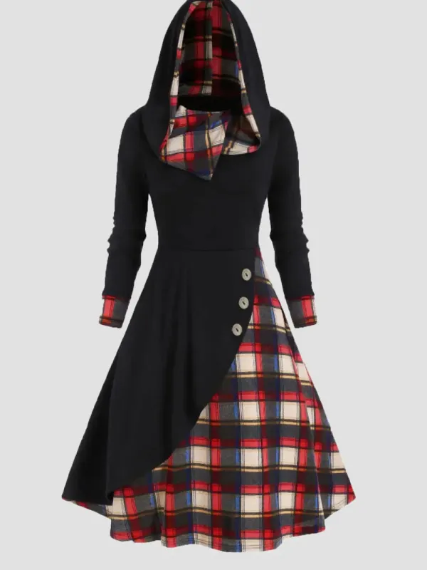 Plus Size Plaid Buttoned Long Sleeve Hooded Dress sold by Gigi Laurent