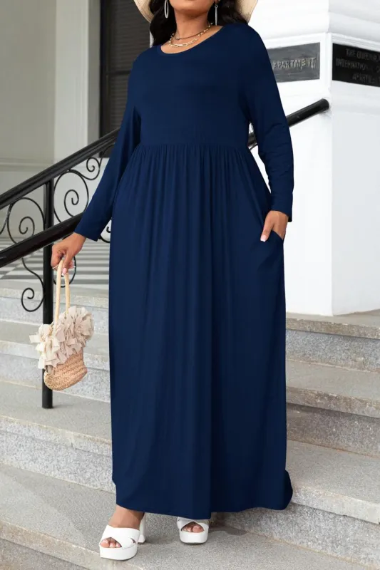 Plus Size Round Neck Long Sleeve Maxi Dress with Pockets sold by Gigi Laurent