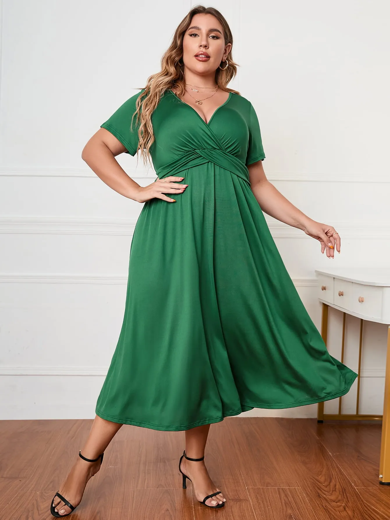 Honey Plus Size Short Sleeve Surplice Neck Midi Dress sold by Gigi Laurent