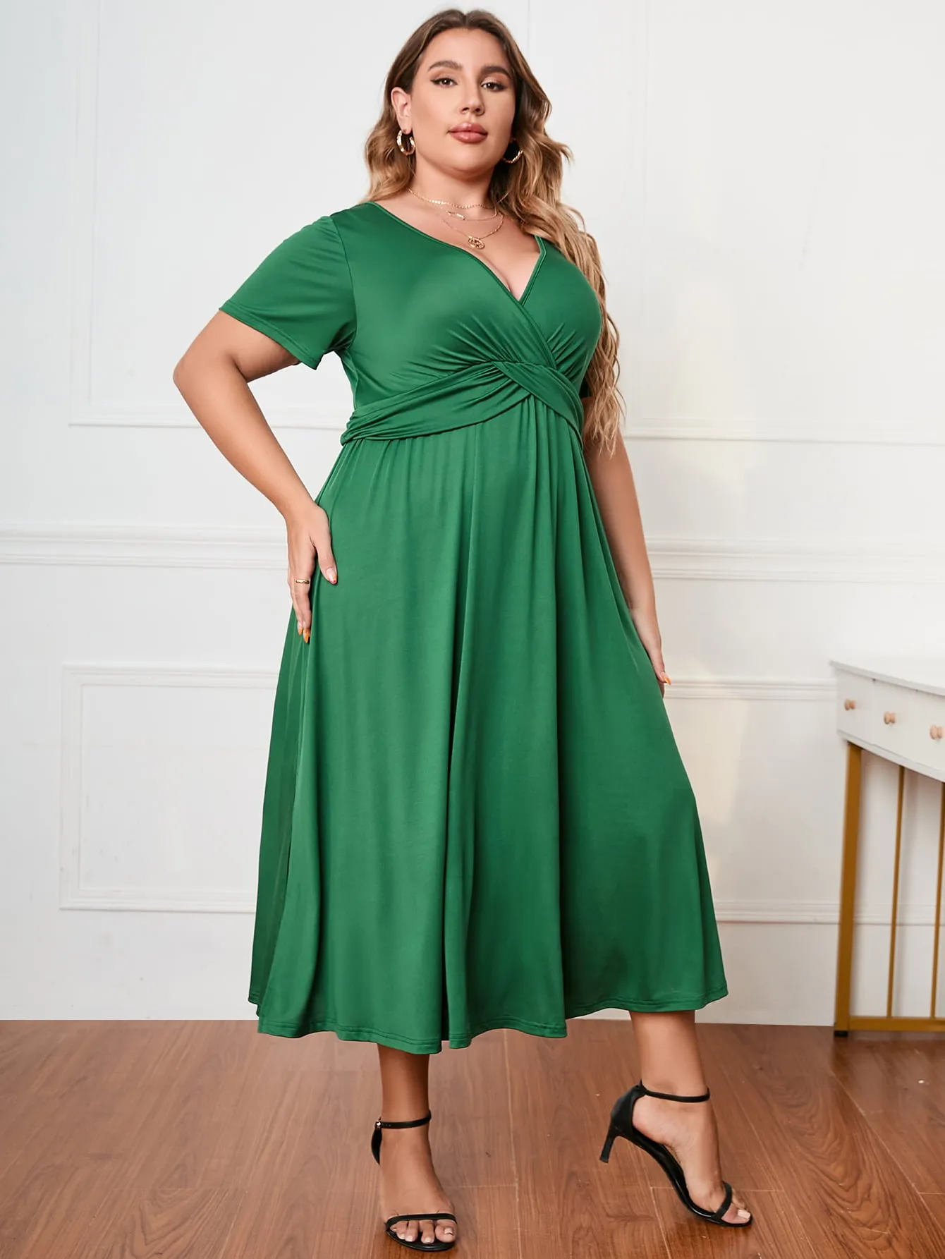 Honey Plus Size Short Sleeve Surplice Neck Midi Dress sold by Gigi Laurent product image thumbnail 4