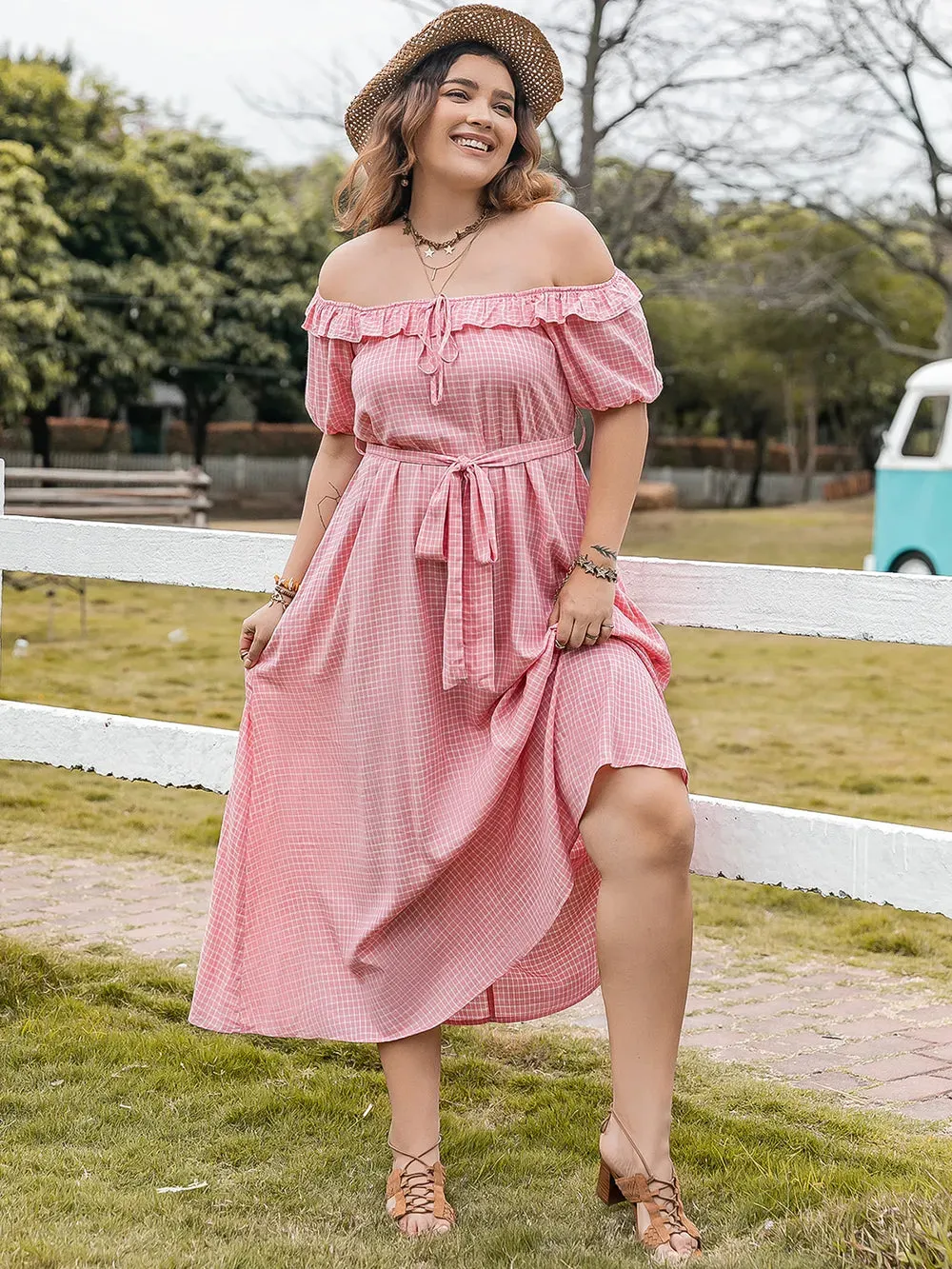 Plus Size Plaid Off-Shoulder Short Sleeve Midi Dress sold by Gigi Laurent product image thumbnail 3