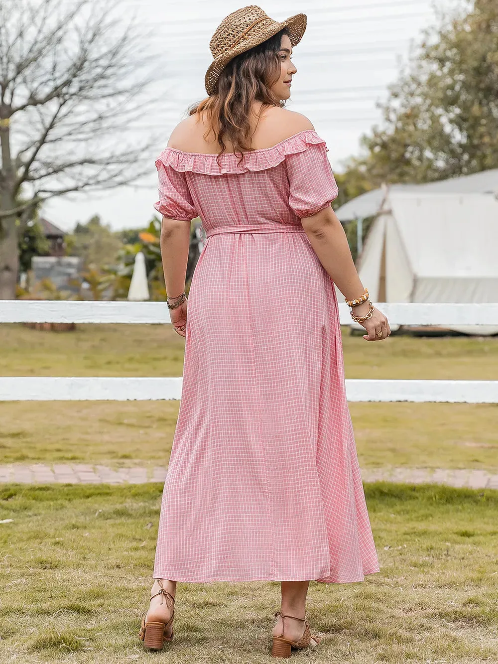 Plus Size Plaid Off-Shoulder Short Sleeve Midi Dress sold by Gigi Laurent product image thumbnail 2
