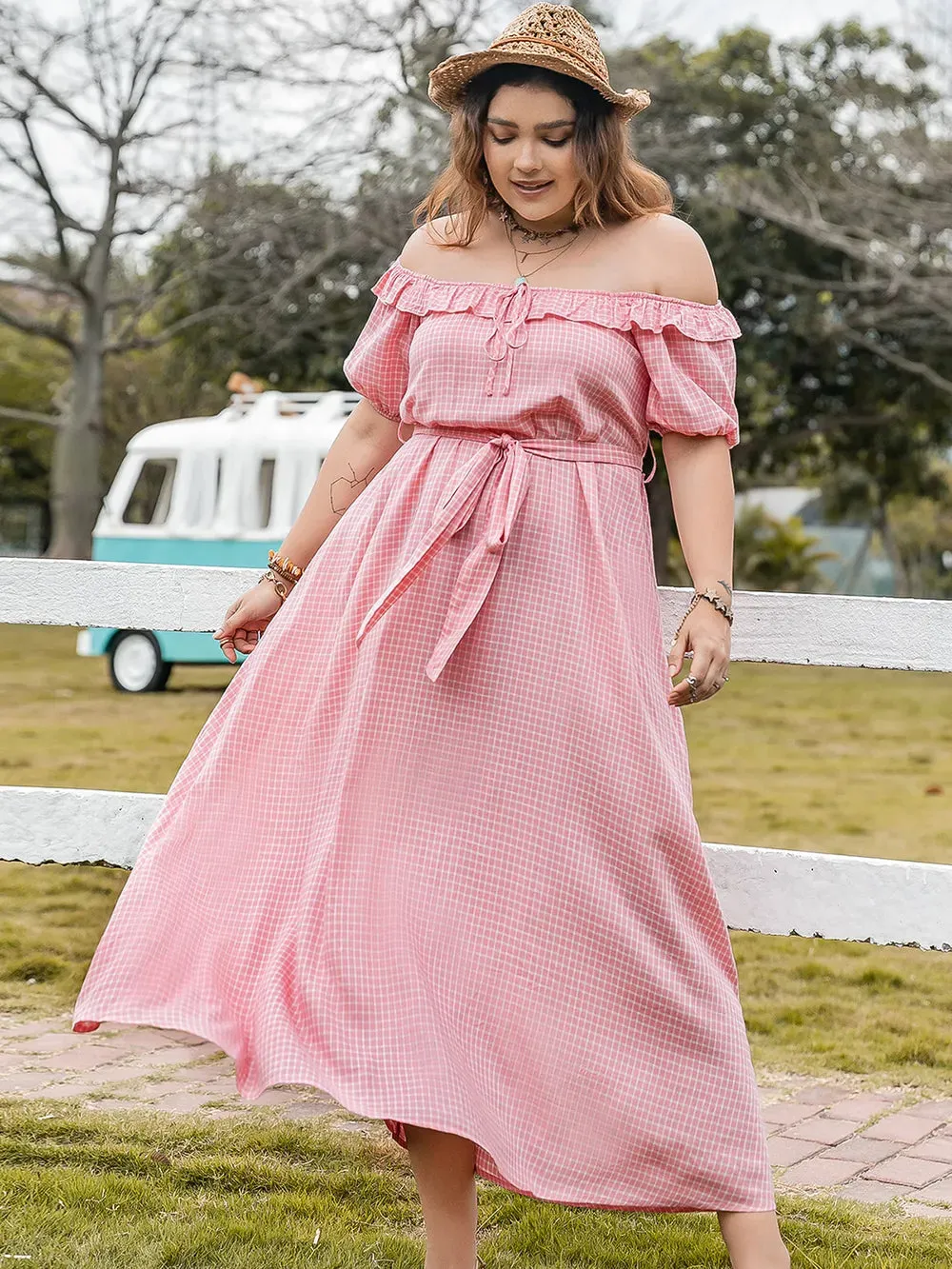 Plus Size Plaid Off-Shoulder Short Sleeve Midi Dress sold by Gigi Laurent product image thumbnail 4