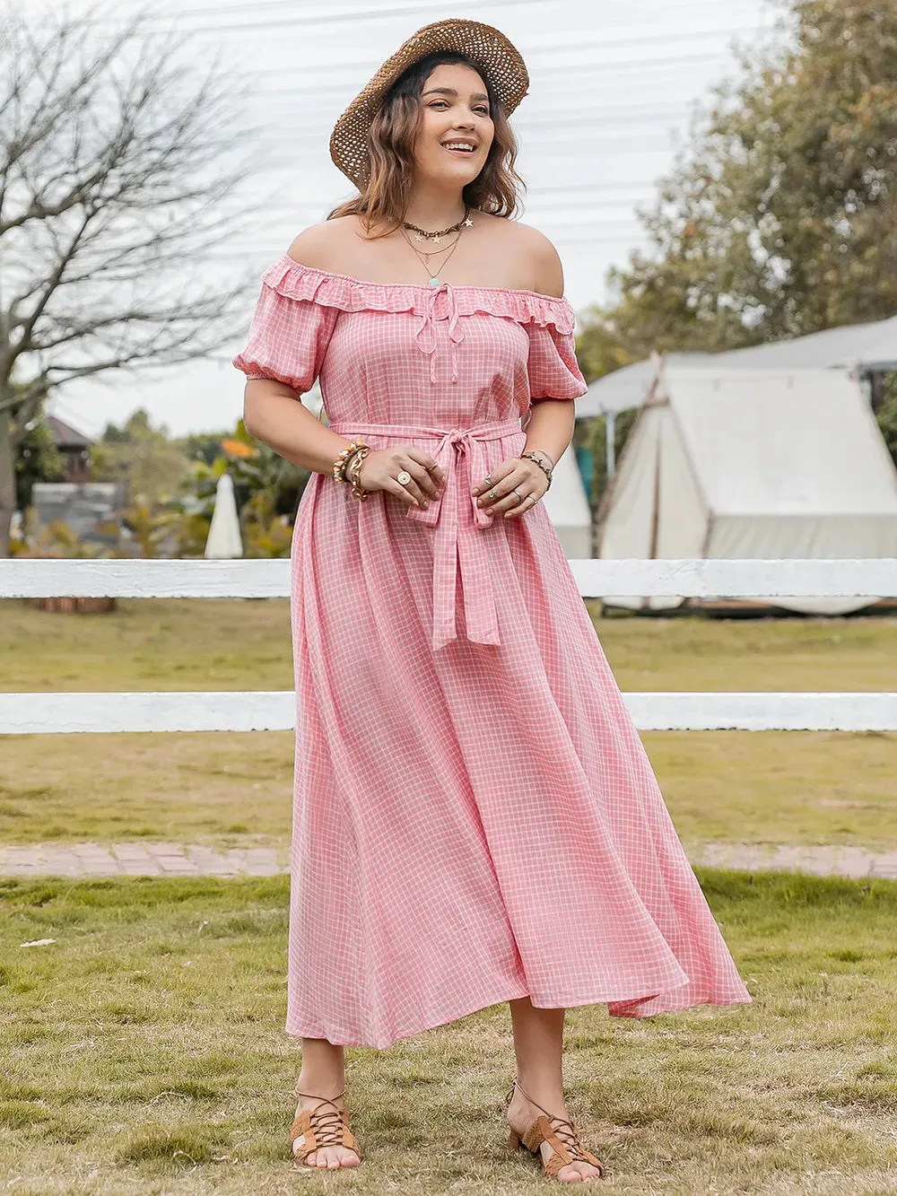 Plus Size Plaid Off-Shoulder Short Sleeve Midi Dress sold by Gigi Laurent