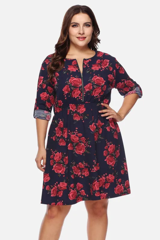 Plus Size Floral Print Half Zip Up Dress sold by Gigi Laurent