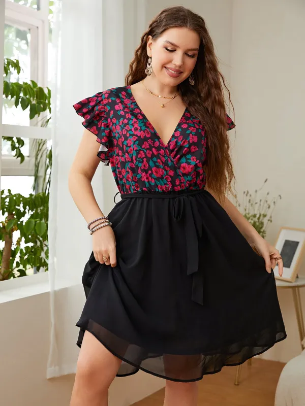 Honey Plus Size Floral Surplice Neck Flutter Sleeve Dress sold by Gigi Laurent