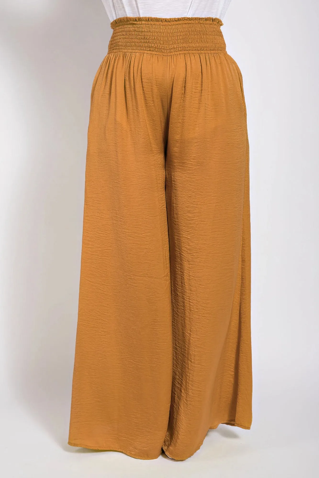 Washed Satin Wide Pants With Waist Smocked sold by Gigi Laurent