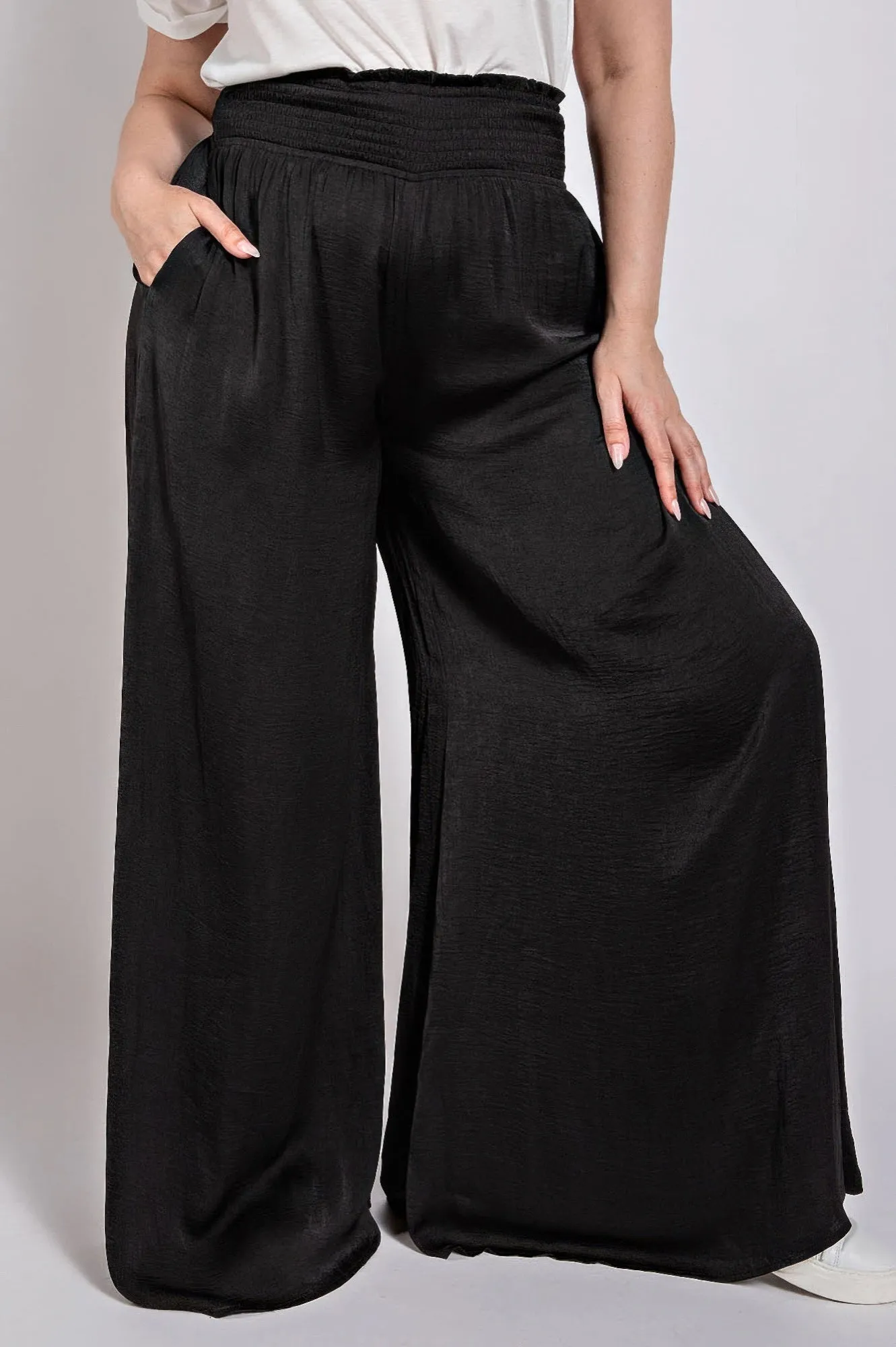 Washed Satin Wide Pants With Waist Smocked sold by Gigi Laurent