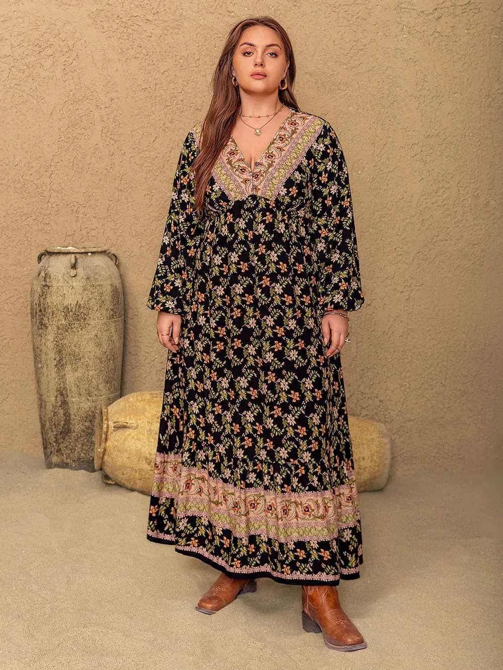 Plus Size Floral V-Neck Balloon Sleeve Dress sold by Gigi Laurent product image thumbnail 5