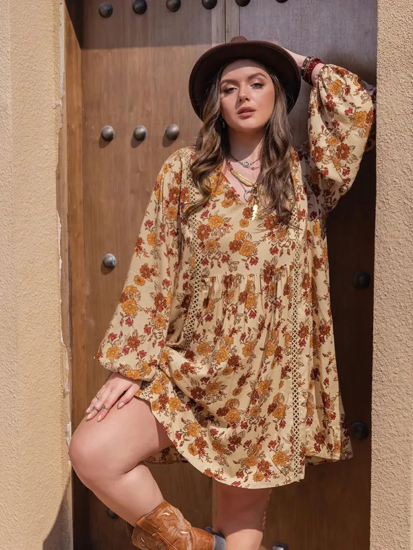 Plus Size Printed V-Neck Balloon Sleeve Mini Dress sold by Gigi Laurent