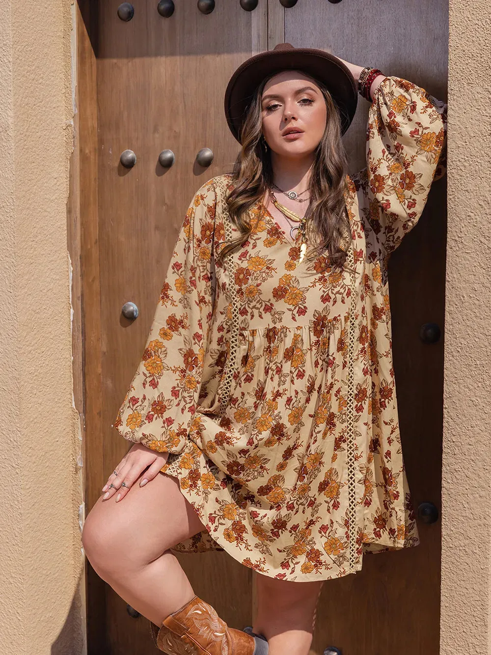 Plus Size Printed V-Neck Balloon Sleeve Mini Dress sold by Gigi Laurent