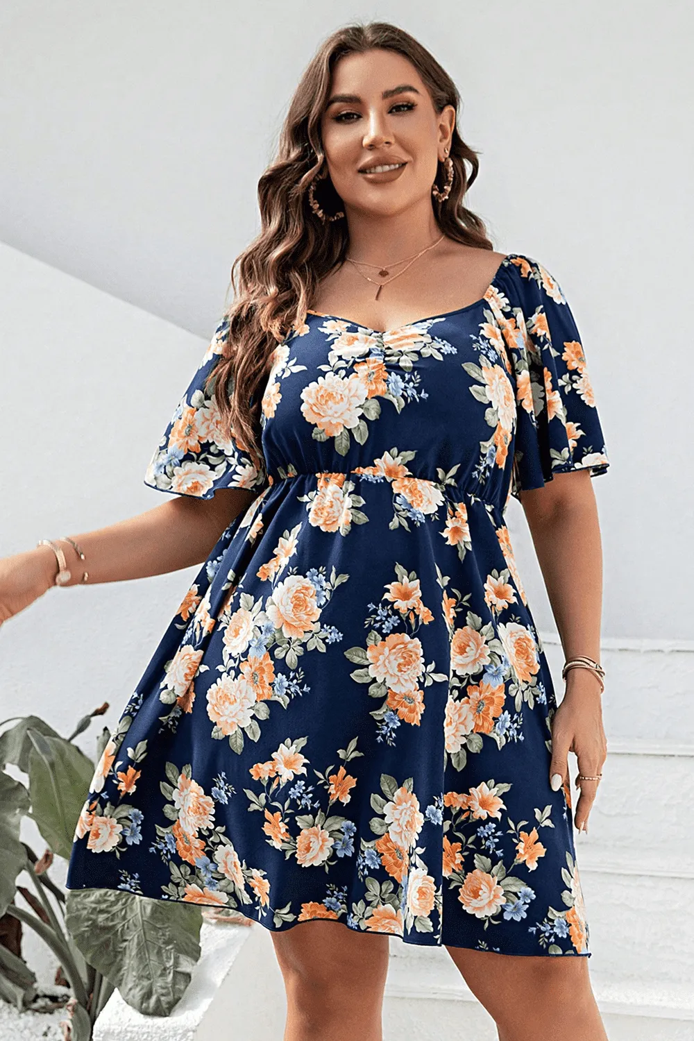 Plus Size Floral Print V-Neck Flutter Sleeve Mini Dress sold by Gigi Laurent