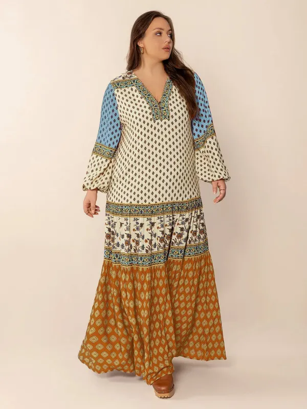 Plus Size Printed V-Neck Balloon Sleeve Maxi Dress sold by Gigi Laurent