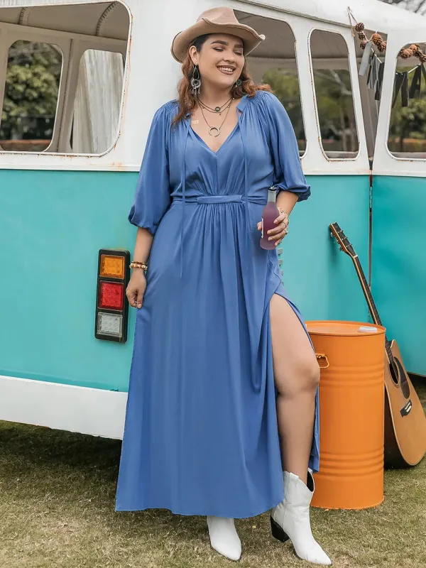 Plus Size Ruched Slit Three-Quarter Sleeve Midi Dress sold by Gigi Laurent