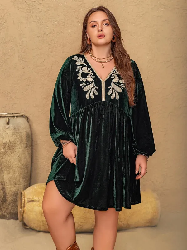 Plus Size Embroidered V-Neck Long Sleeve Dress sold by Gigi Laurent